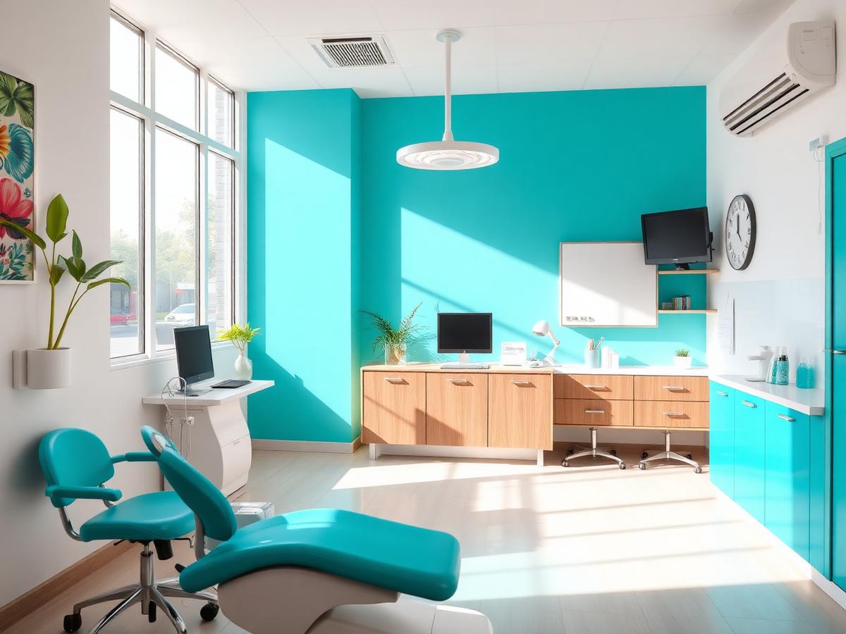 Bright, welcoming modern clinic interior with turquoise accents